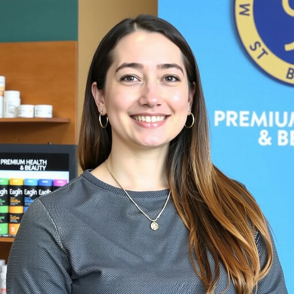 Portrait of a friendly woman, a key team member at Premium Health & Beauty Spain, radiating warmth and customer focus